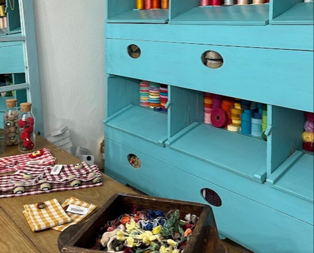 textile workstation with colourful yarns